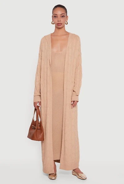 Womens Hooded Cable Knit Duster, Brown, Size S