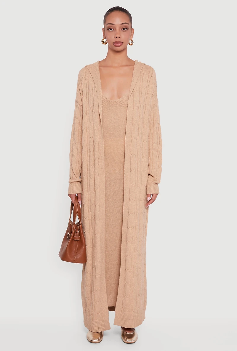 Womens Hooded Cable Knit Duster, Brown, Size S