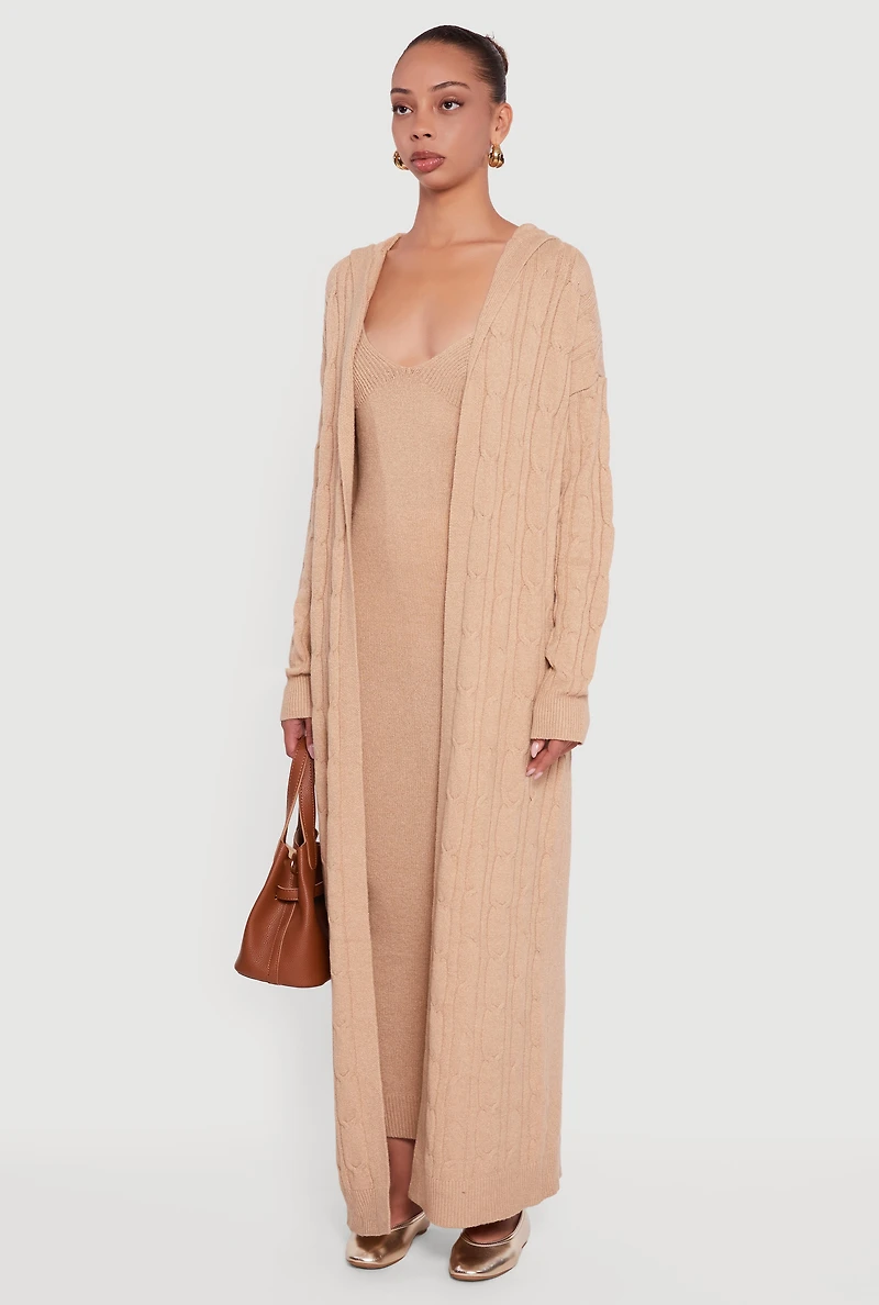 Womens Hooded Cable Knit Duster, Brown, Size S