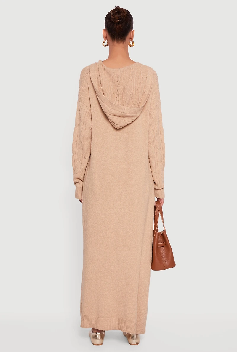 Womens Hooded Cable Knit Duster, Brown, Size S