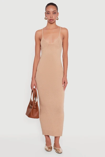 Womens Almost Famous V-Neck Maxi Sweater Dress, Beige, Size S