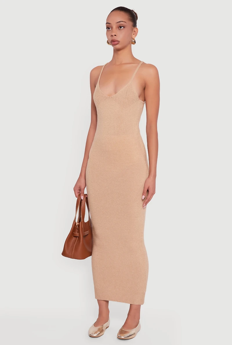 Womens Almost Famous V-Neck Maxi Sweater Dress, Beige, Size S