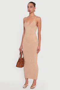 Womens Almost Famous V-Neck Maxi Sweater Dress, Beige, Size S