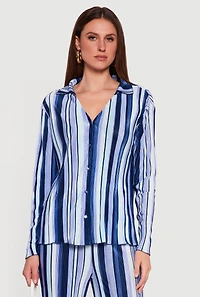 Collared Long Sleeve Striped Plisse Blouse