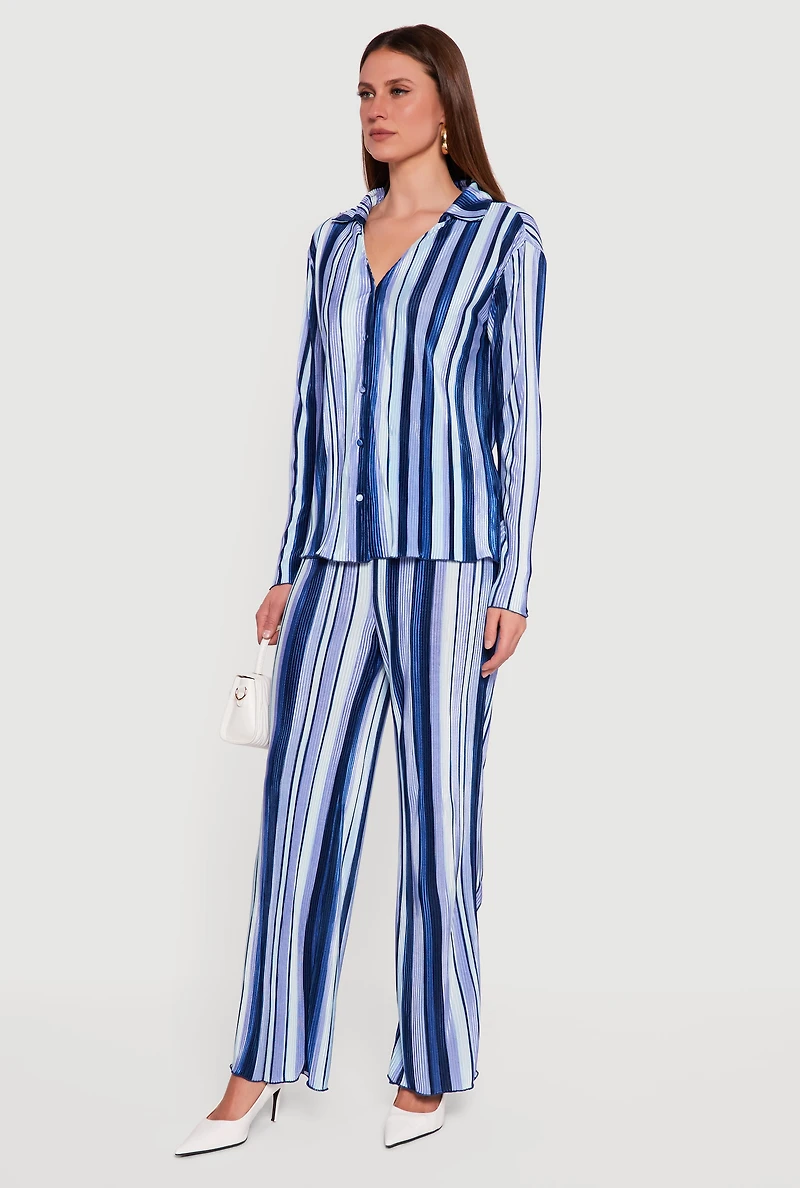 Collared Long Sleeve Striped Plisse Blouse