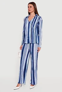 Collared Long Sleeve Striped Plisse Blouse