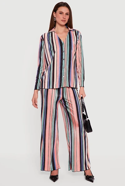 Striped High Waisted Wide Leg Plisse Pants