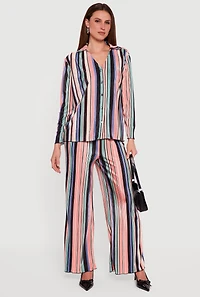 Striped High Waisted Wide Leg Plisse Pants
