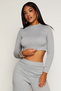 Womens Cable Knit Mock Neck Crop Top, Grey, Size M