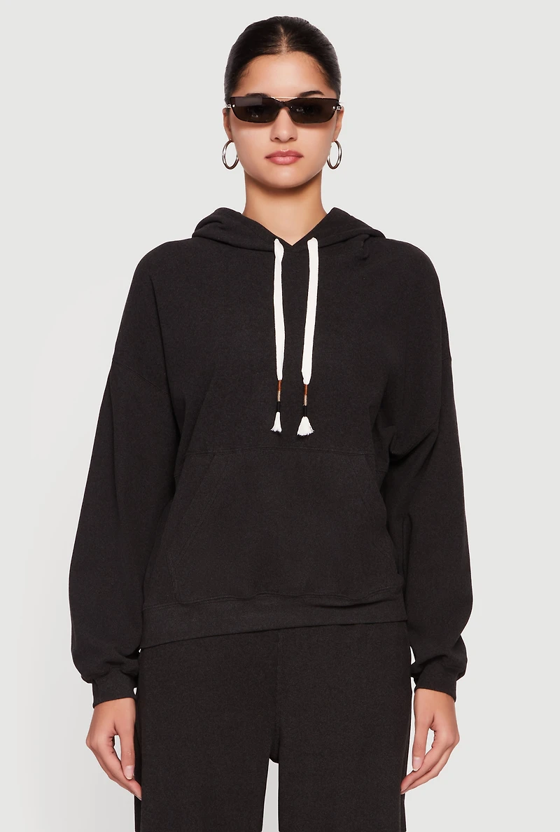 Soft Rib Knit Kangaroo Pocket Pullover Hoodie