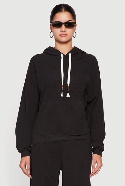 Soft Rib Knit Kangaroo Pocket Pullover Hoodie