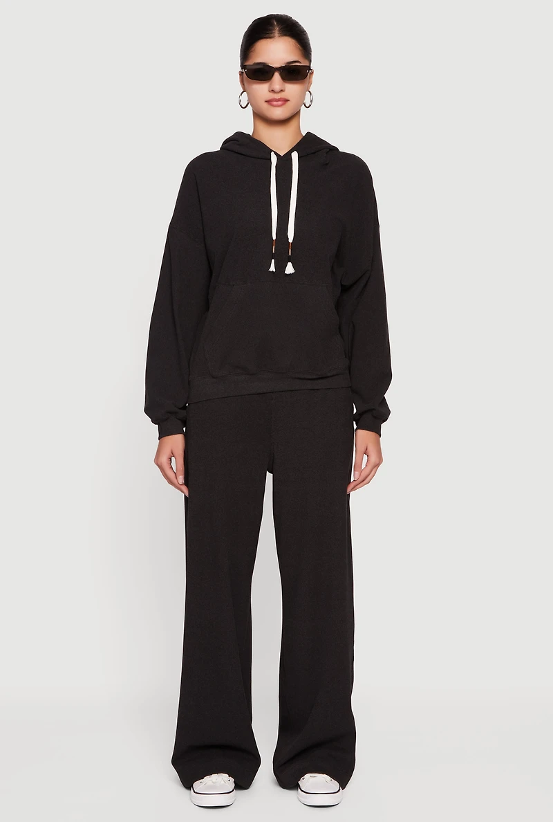 Soft Rib Knit Kangaroo Pocket Pullover Hoodie