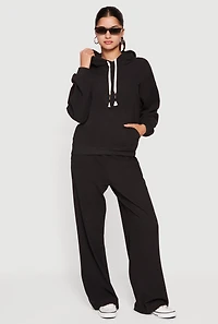 Womens Soft Rib Knit Kangaroo Pocket Pullover Hoodie, Black, Size L