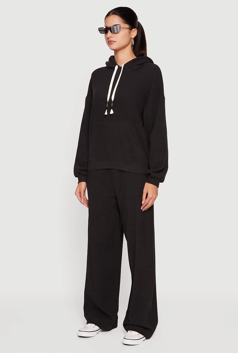 Womens Soft Rib Knit Kangaroo Pocket Pullover Hoodie, Black, Size L