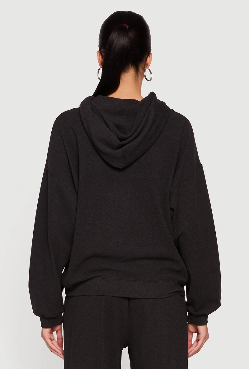 Womens Soft Rib Knit Kangaroo Pocket Pullover Hoodie, Black, Size L