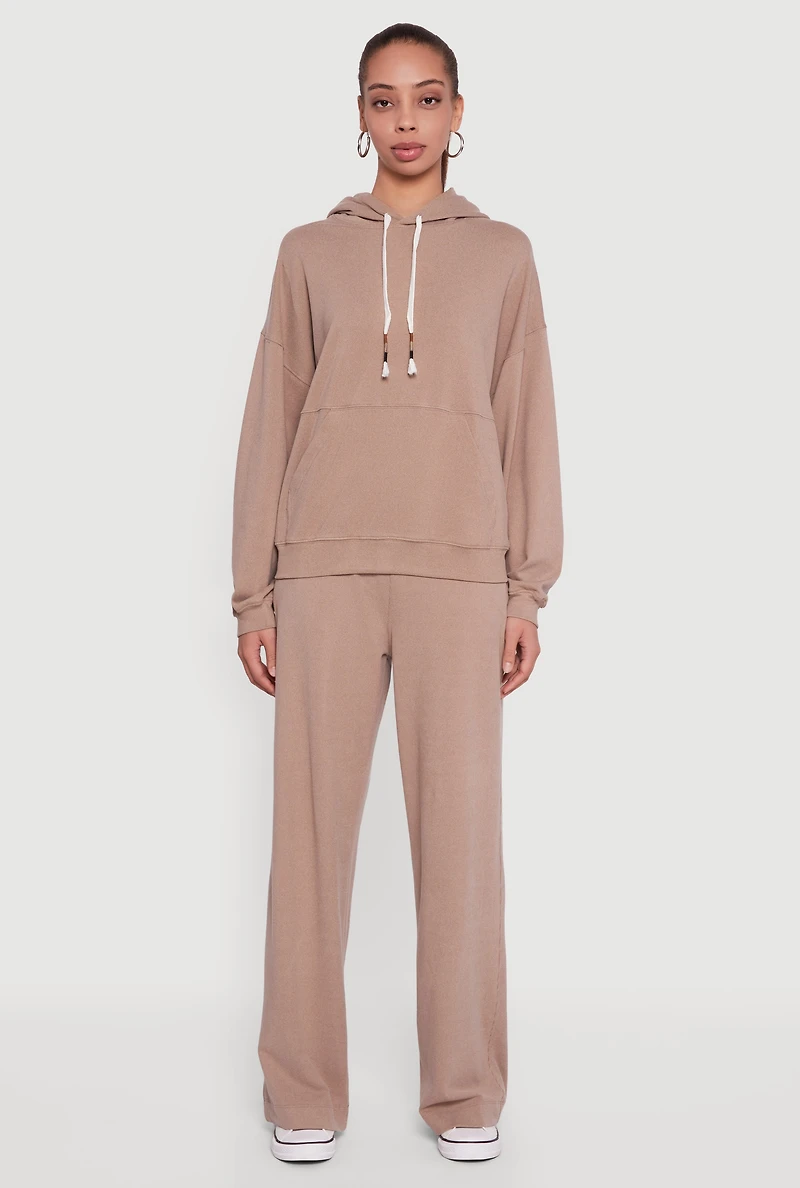 Soft Rib Knit Kangaroo Pocket Pullover Hoodie