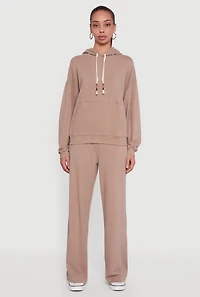 Womens Soft Rib Knit Pull On Wide Leg Sweatpants, Khaki,