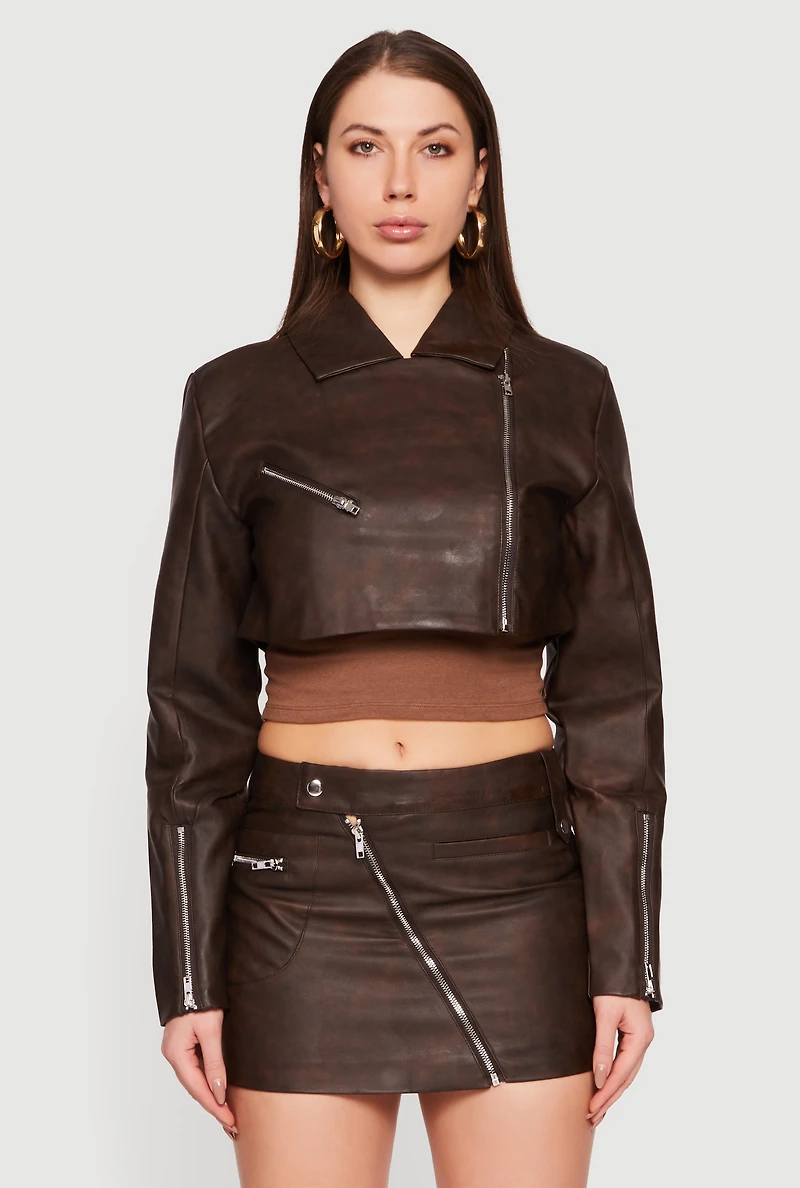 Womens Faux Leather Cropped Biker Jacket, Brown, Size M