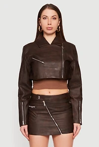 Womens Faux Leather Cropped Biker Jacket, Brown, Size M