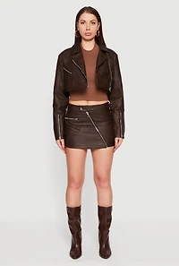 Womens Faux Leather Cropped Biker Jacket, Brown, Size M