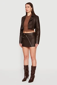 Womens Faux Leather Cropped Biker Jacket, Brown, Size M
