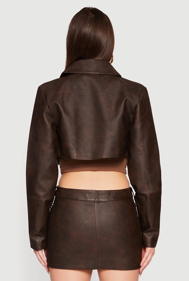 Womens Faux Leather Cropped Biker Jacket, Brown, Size M