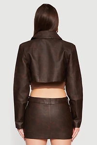 Womens Faux Leather Cropped Biker Jacket, Brown, Size M