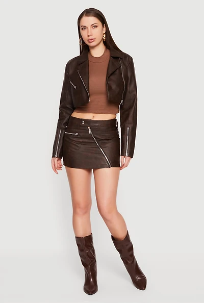 Womens Faux Leather Asymmetrical Zip Mini Skirt,