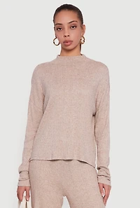 Womens Marled Rib Knit Mock Neck Long Sleeve Blouse,