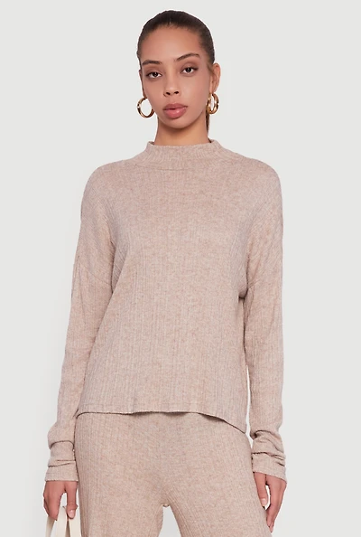 Marled Rib Knit Mock Neck Long Sleeve Blouse