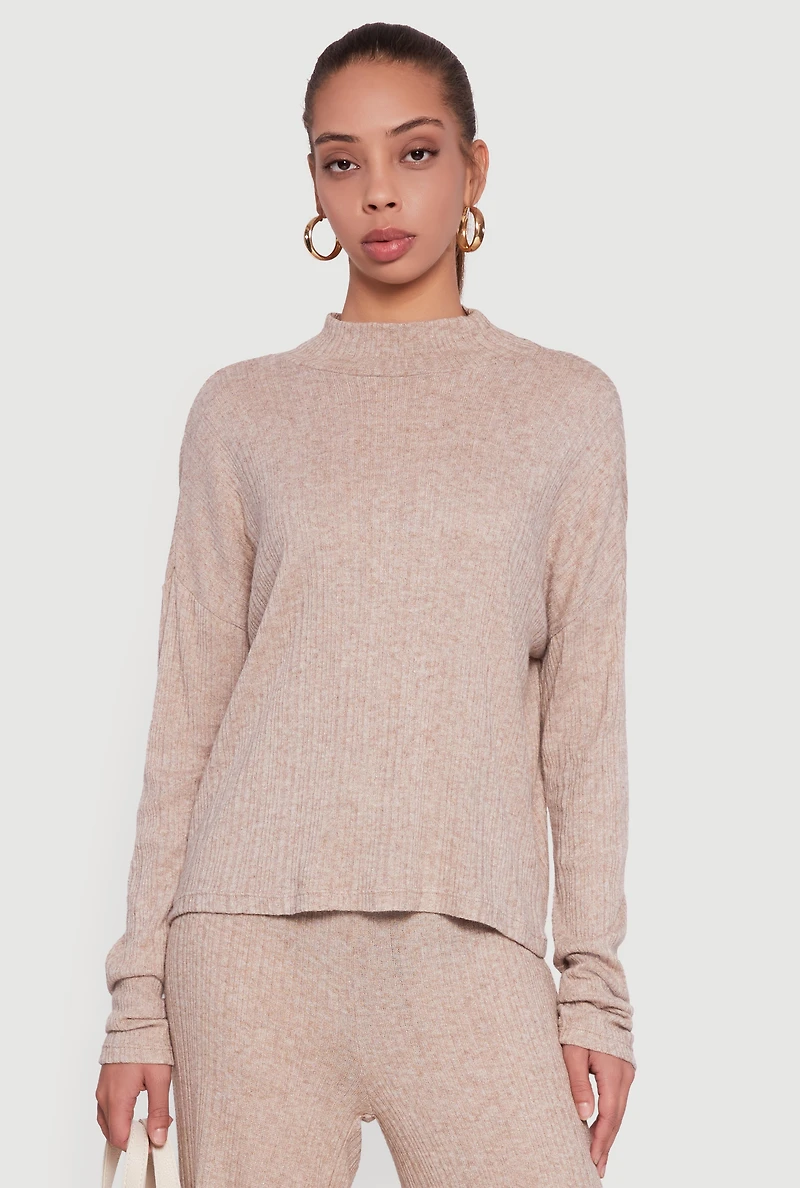 Marled Rib Knit Mock Neck Long Sleeve Blouse