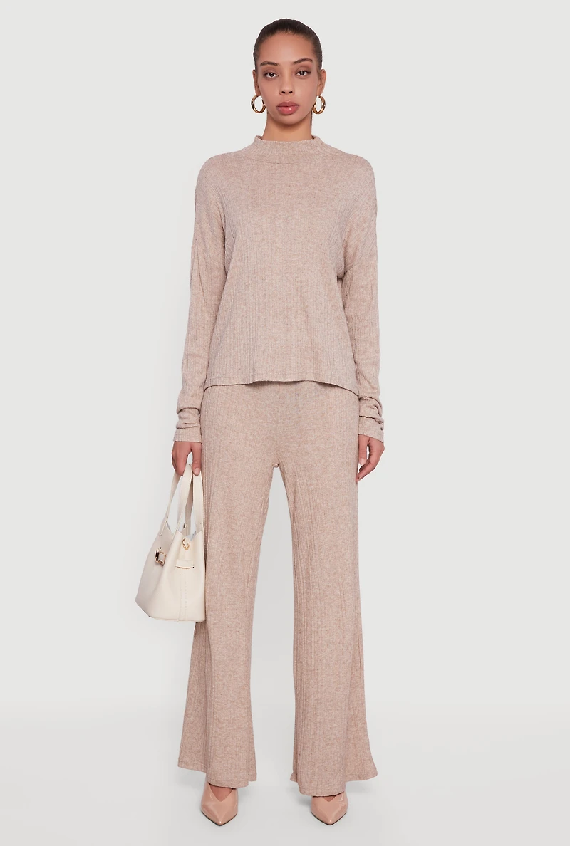 Womens Marled Rib Knit Mock Neck Long Sleeve Blouse, Beige,