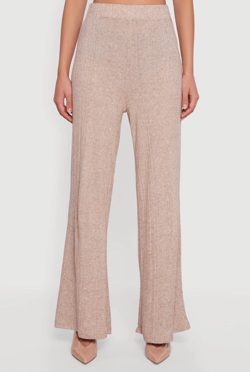 Womens Marled Rib Knit High Waisted Pull On Pants, Khaki, Size XL