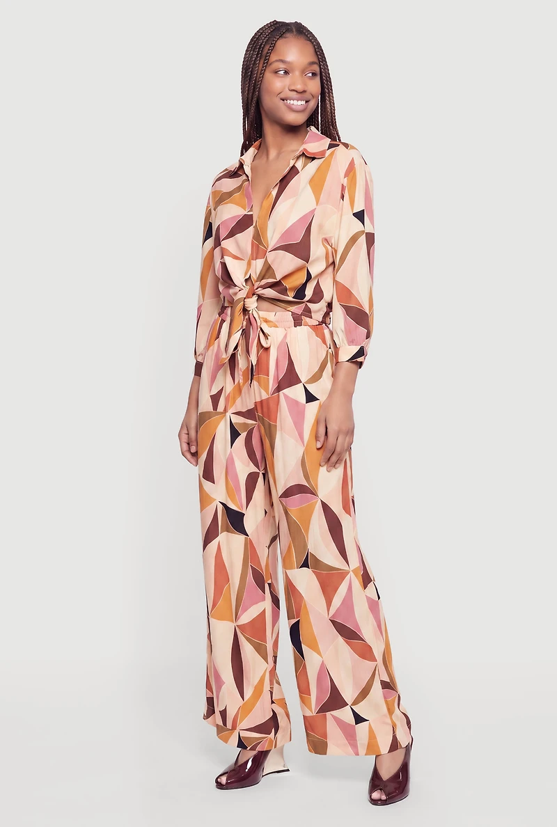 Printed Pattern Knot Front Collared Blouse