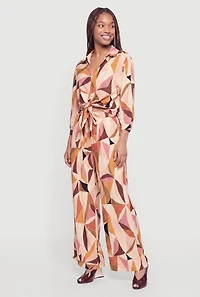 Printed Pattern Knot Front Collared Blouse
