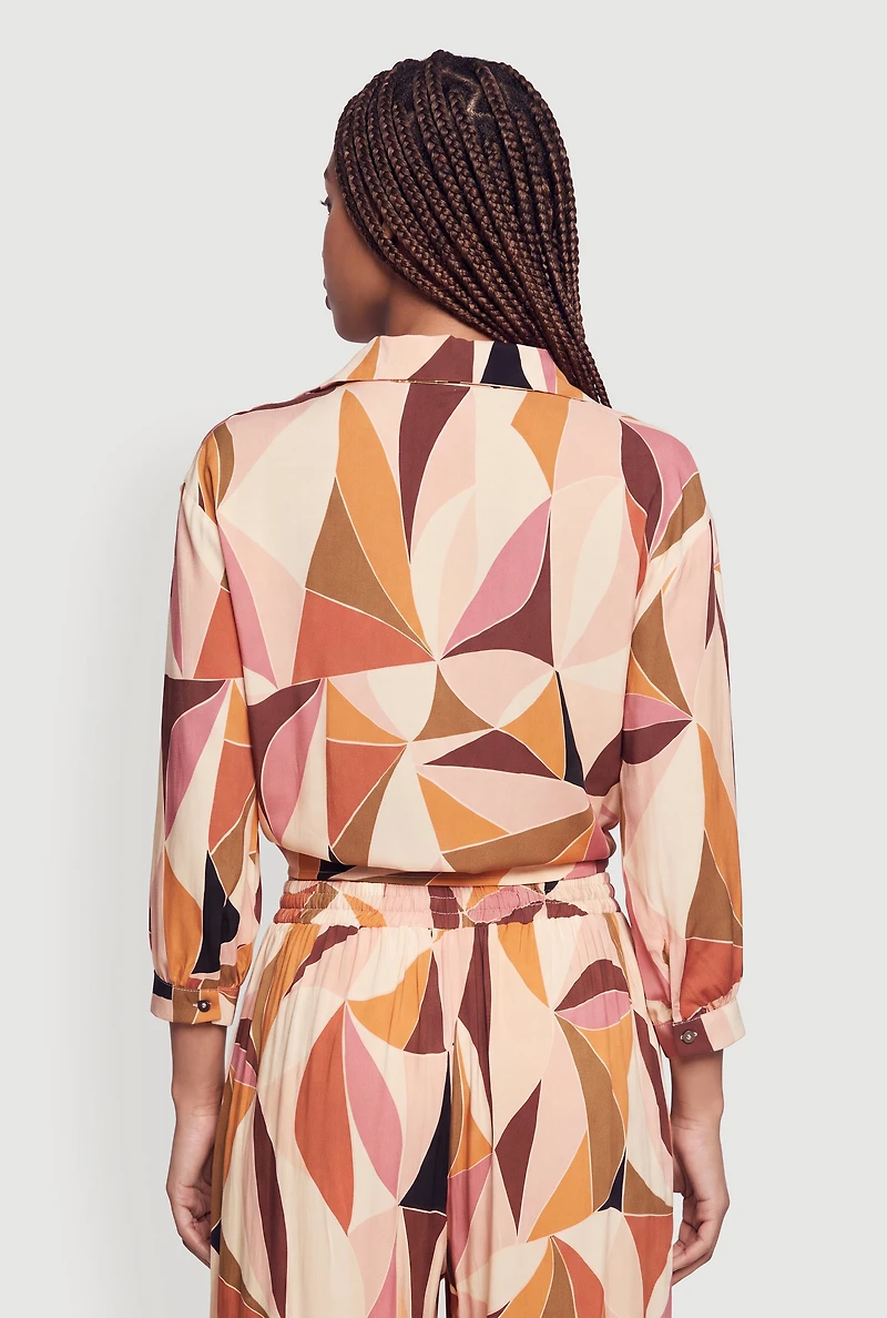 Printed Pattern Knot Front Collared Blouse