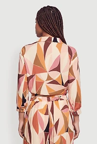 Printed Pattern Knot Front Collared Blouse