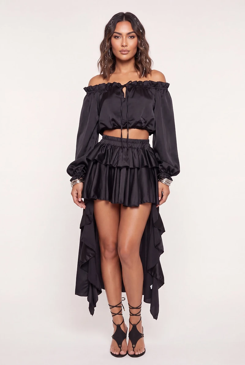 Satin Ruffle Tiered High Low Skirt