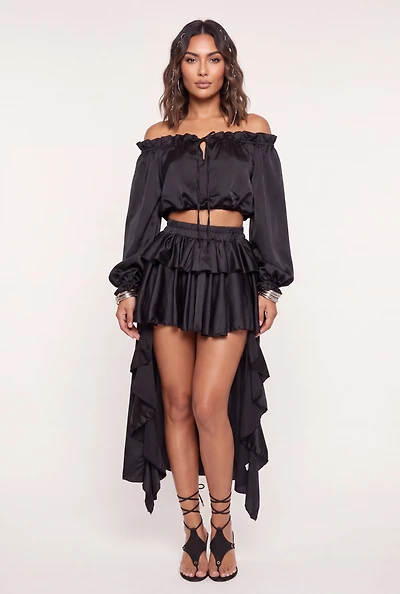 Satin Ruffle Tiered High Low Skirt