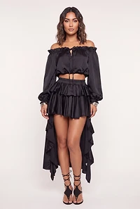 Satin Ruffle Tiered High Low Skirt