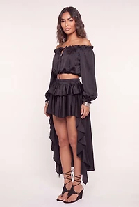 Satin Ruffle Tiered High Low Skirt