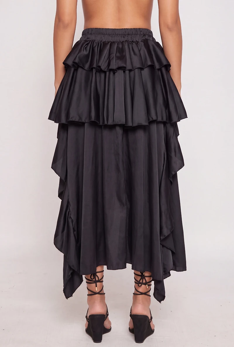 Satin Ruffle Tiered High Low Skirt