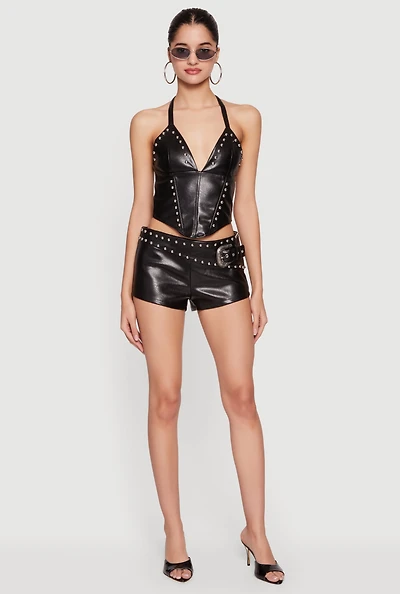 Studded Belted Front Faux Leather Shorts