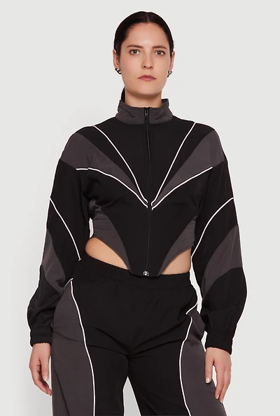 Color Blocked Zip Front Cropped Jacket with Contrast Piping