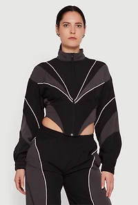 Color Blocked Zip Front Cropped Jacket with Contrast Piping