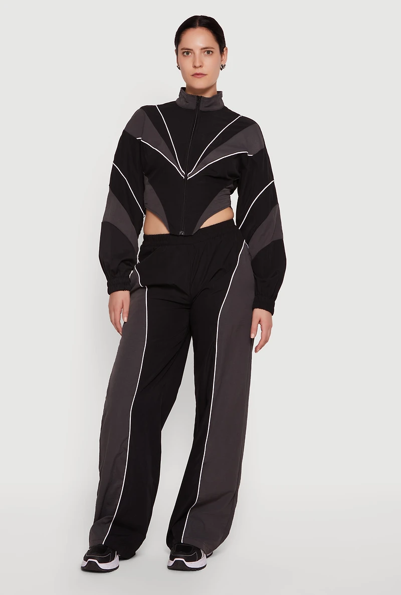 Color Blocked Zip Front Cropped Jacket with Contrast Piping