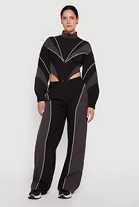 Color Blocked Zip Front Cropped Jacket with Contrast Piping