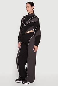 Color Blocked Zip Front Cropped Jacket with Contrast Piping