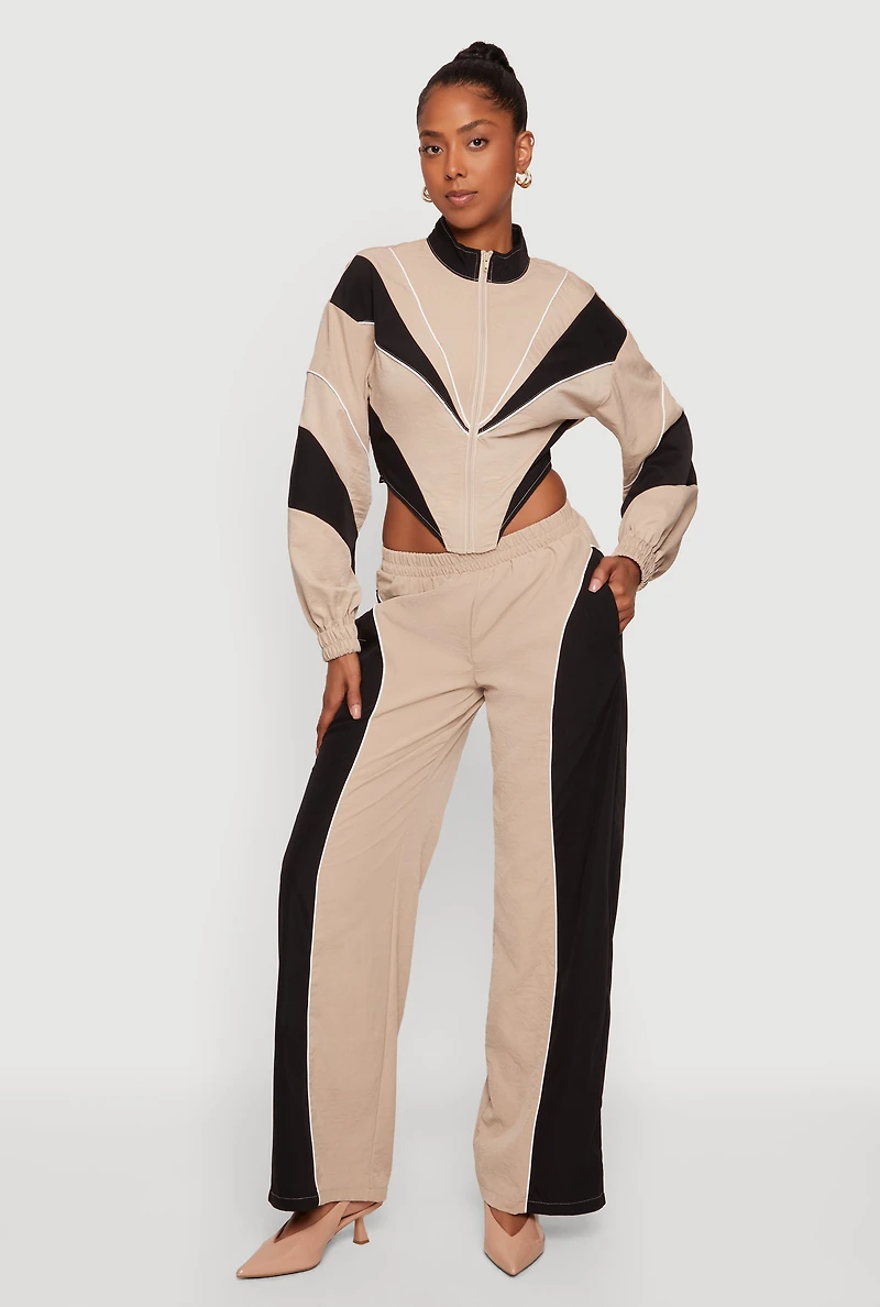 High Waisted Color Blocked Pants with Contrast Piping