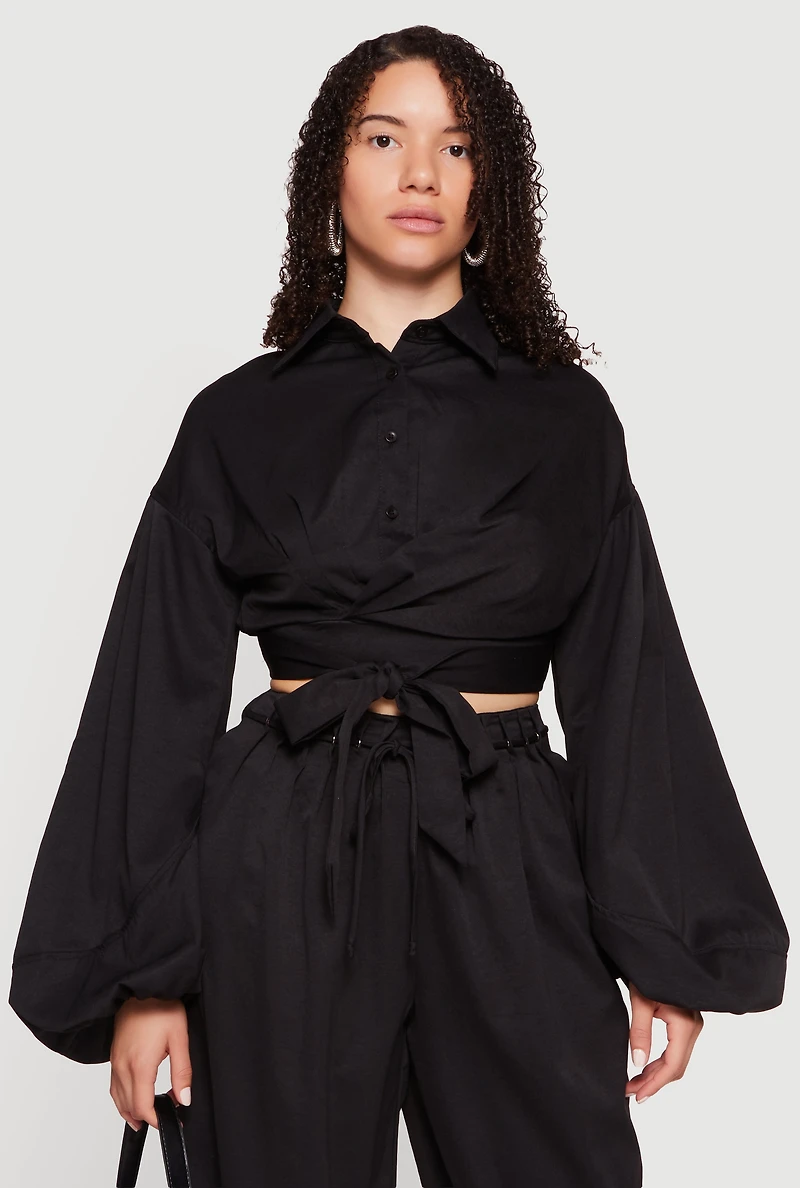 Faux Wrap Balloon Sleeve Cropped Shirt